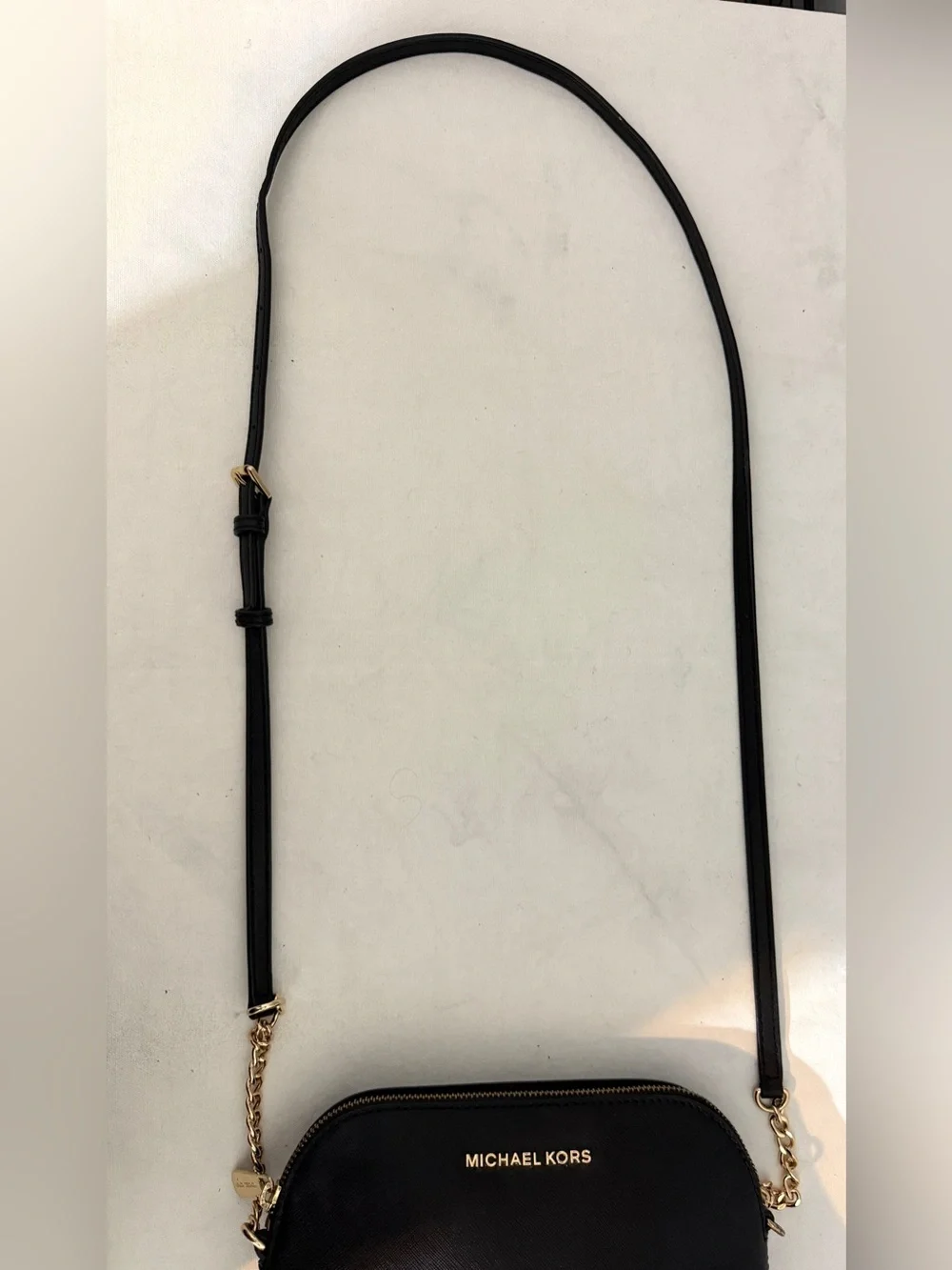 Michael Kors Black Saffiano Leather Dome Crossbody with Gold Hardware